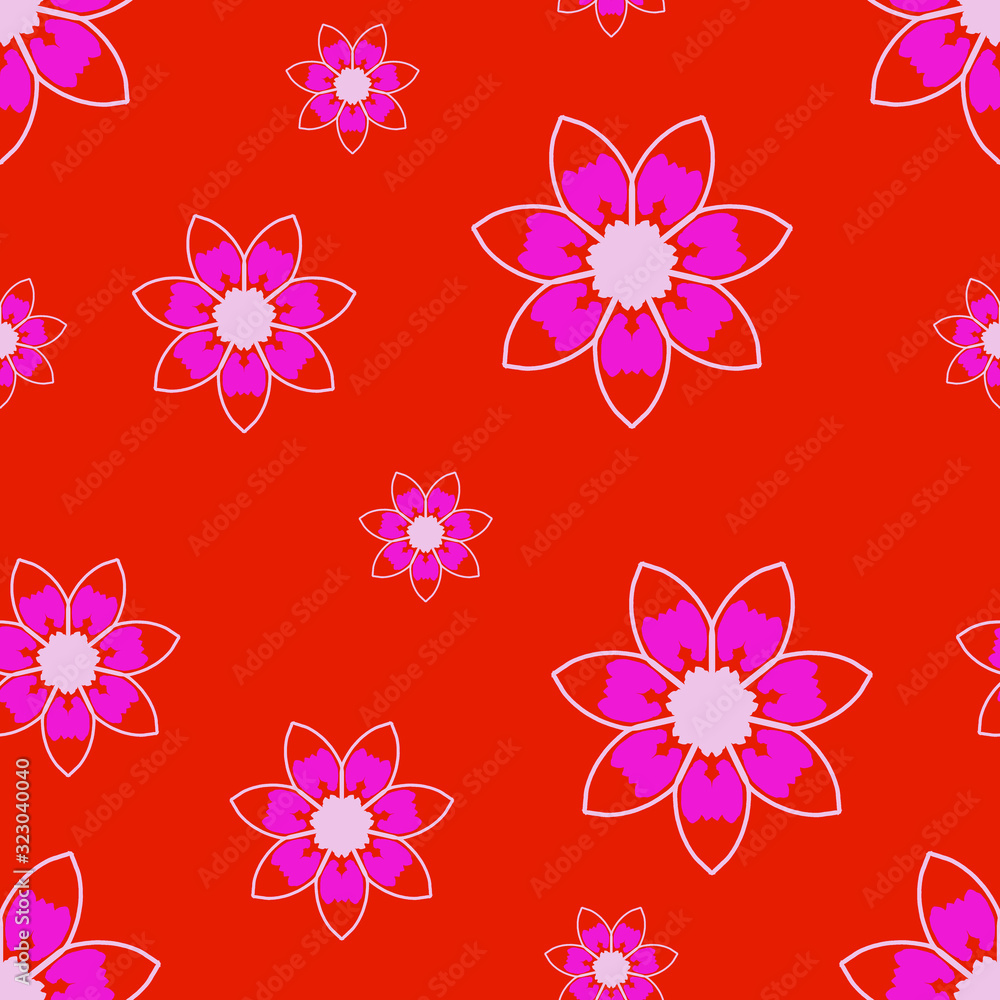 Seamless repeat pattern with flowers in pink on red background. drawn fabric, gift wrap, wall art design, wrapping paper, background, fabric print, web page backdrop.