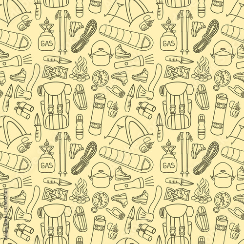 Hiking or backpacking seamless pattern. Trekking equipment background. Camping doodle print. Vector illustration.