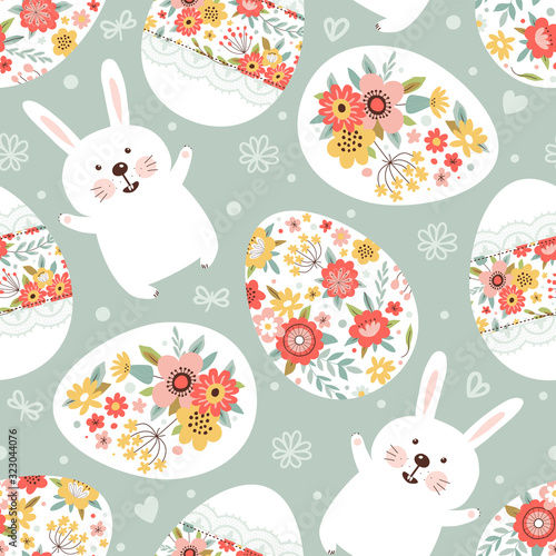 Seamless pattern with easter bunny and eggs. Cartoon style