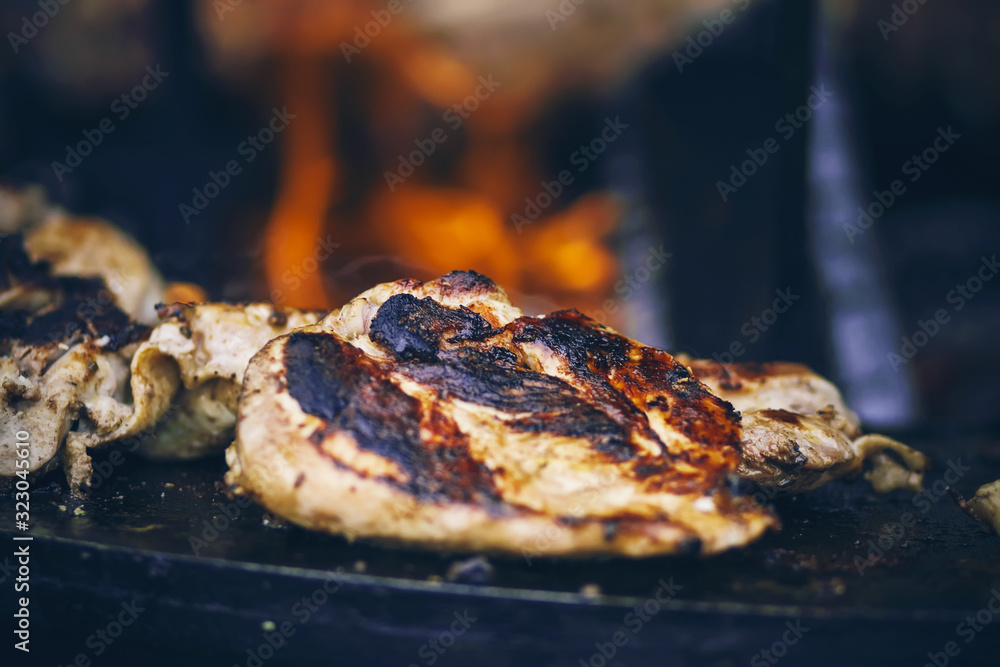On an improvised grill, a fragrant, fat, juicy chicken fillet is fried against an open fire. On an improvised grill, a fragrant, fat, juicy chicken fillet is fried against an open fire.