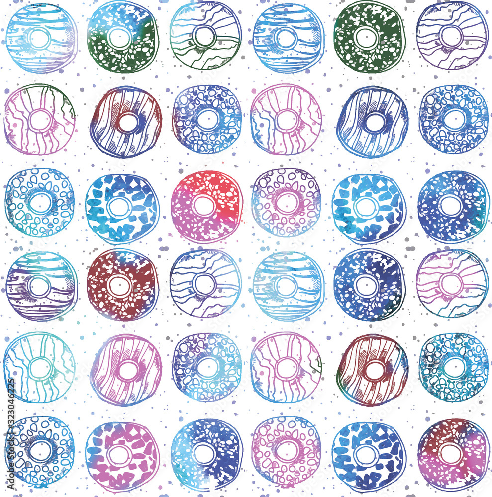 Seamless pattern with donuts. Stylish background with sweets. Drawing by hand. Bright, colorful background food.  - obrazy, fototapety, plakaty 