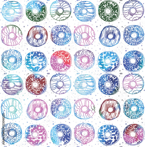 Seamless pattern with donuts. Stylish background with sweets. Drawing by hand. Bright, colorful background food. 
