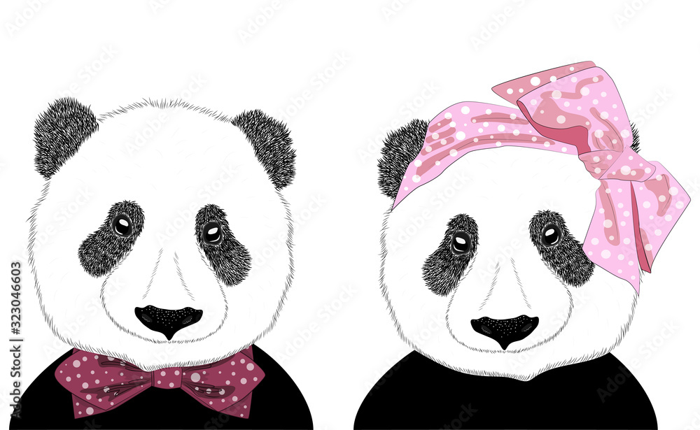 Hand drawn illustration of the head of a panda girl with a bow in the style of the 60s and a panda man in a tie, set. Hand drawn illustration of the head of a panda girl with a bow in the style of the 60s and a panda man in a tie, set.