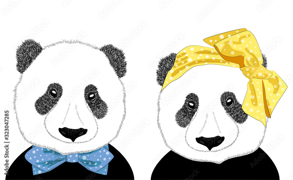 Obraz premium Hand drawn illustration of the head of a panda girl with a bow in the style of the 60s and a panda man in a tie, set.