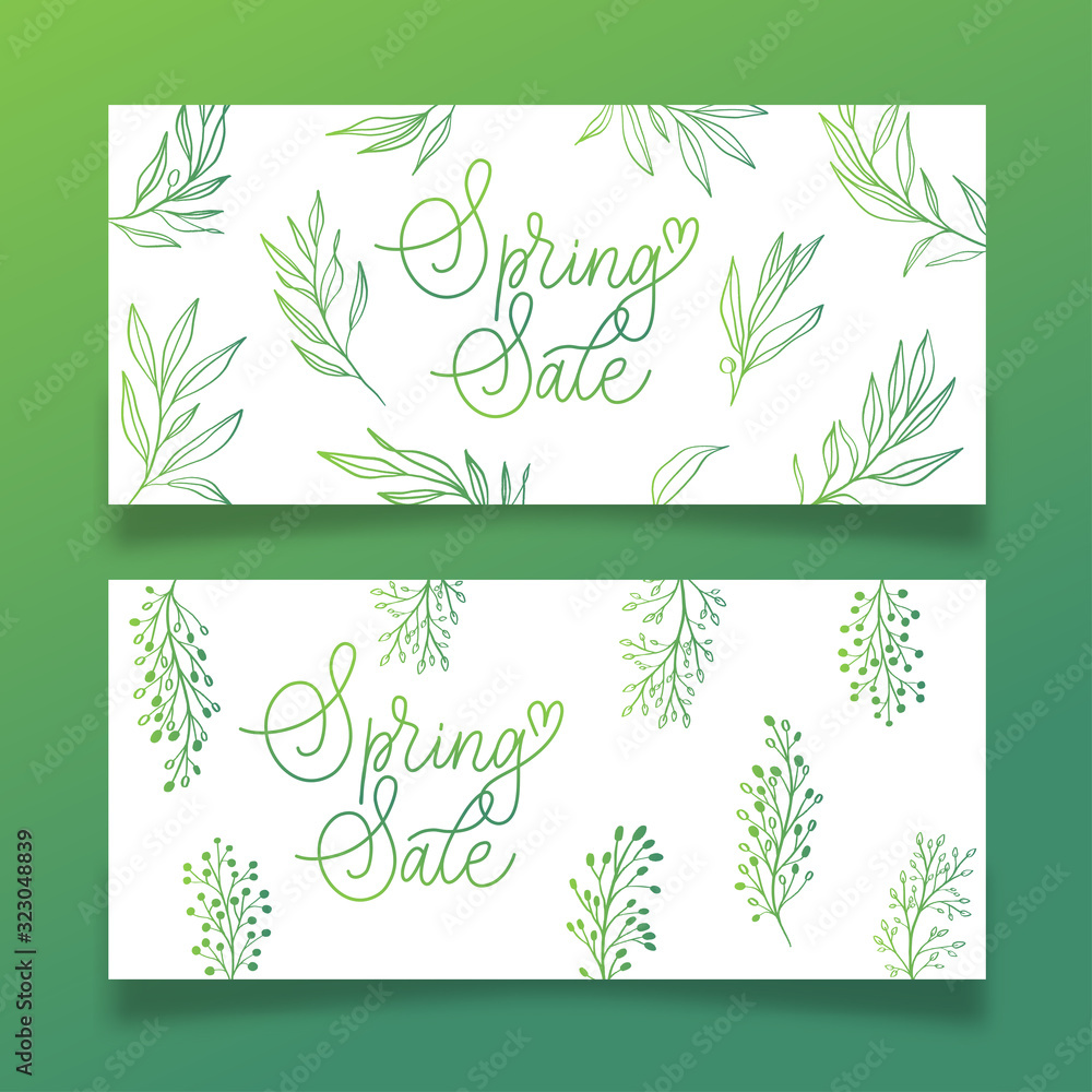Hand drawn spring sale banners with branches and lettering.