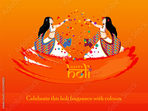 Beautiful women with white and colorful holi traditional dressed Celebrating flower holi with rose petals and different flowers.