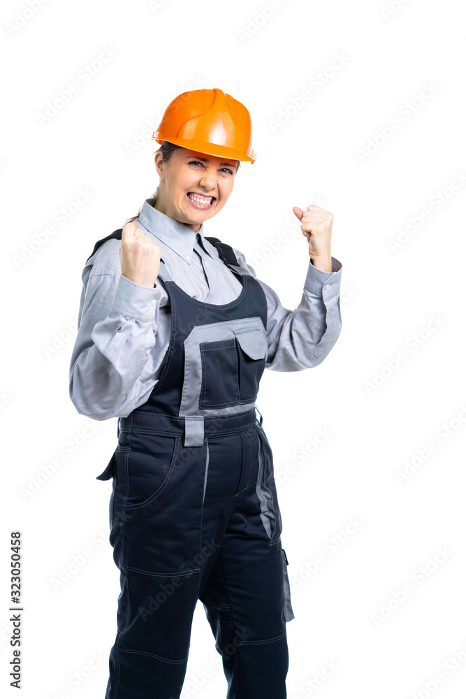 girl civil engineer is very happy about some success. Isolated girl civil engineer is very happy about some success. Isolated
