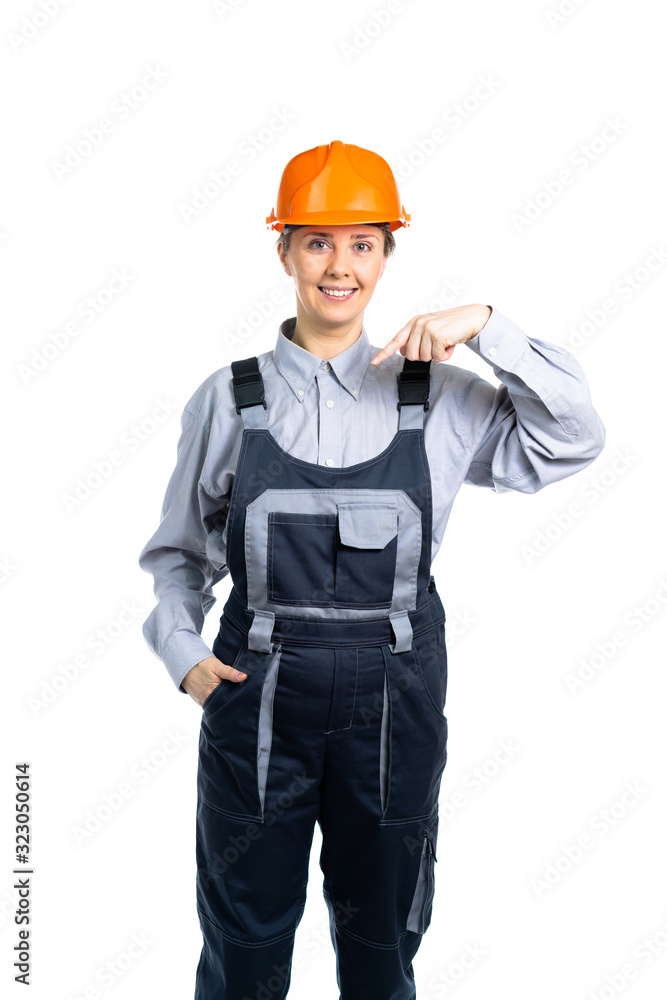 woman engineer shows fingers down. Isolated woman engineer shows fingers down. Isolated