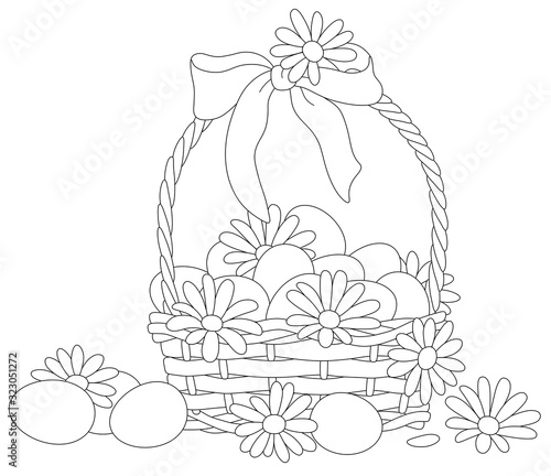 Easter wicker basket with a bow, flowers and painted eggs, black and white vector cartoon illustration for a coloring book page