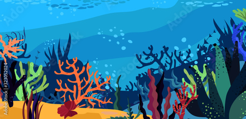 Underwater world in the ocean. Coral reef, undersea fauna of tropics. Flat cartoon vector illustration.