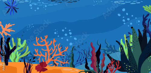 Underwater world in the ocean. Coral reef, undersea fauna of tropics. Flat cartoon vector illustration.