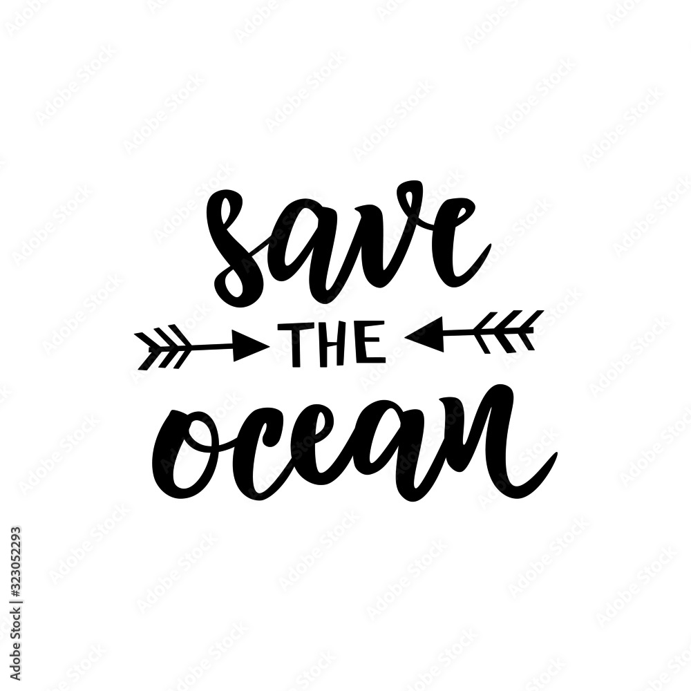 Save the ocean hand lettering text. Ecology print, planet and environment protection concept. Cute vector fishes