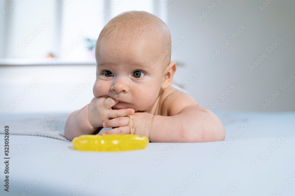 A portrait of a cute newborn baby in lying on its stomach A portrait of a cute newborn baby in lying on its stomach