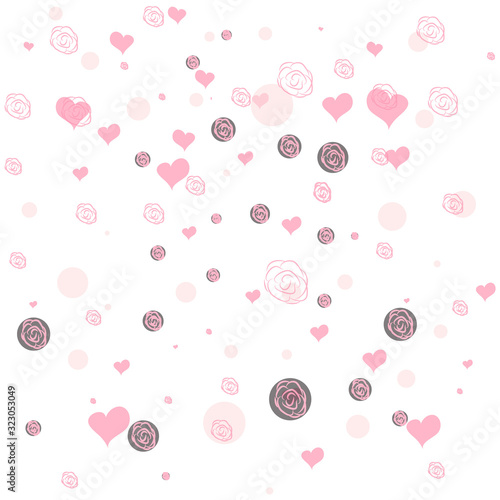 Delicate background, frame, scrapbook, with pink flowers, roses, balls and hearts.