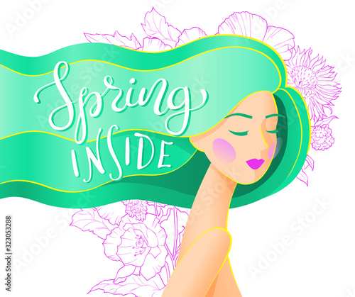 Vector abstract illustration of a girl with long green hair with spring inside lettering. Spring card