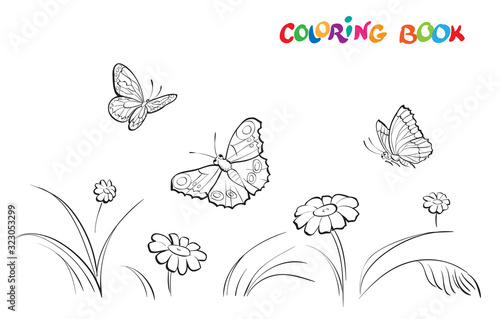 Vector illustration with three butterflies and flowers on a white background. Coloring