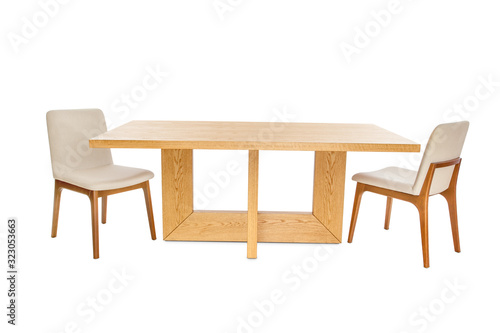 Wooden modern Table with chairs isolated on white background.