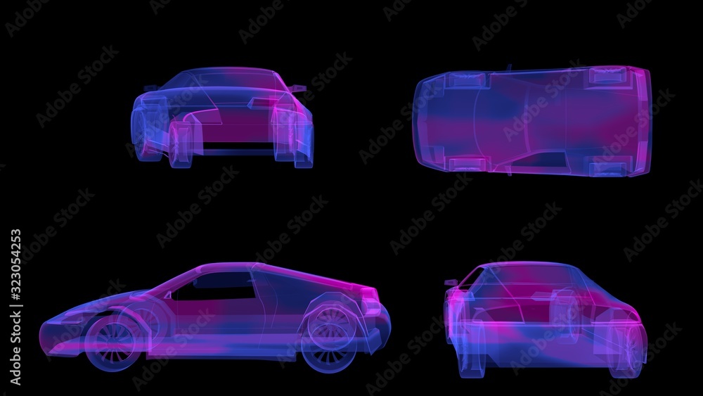 3d render hologram of luxury concept car with bright futuristic shape, neon color.