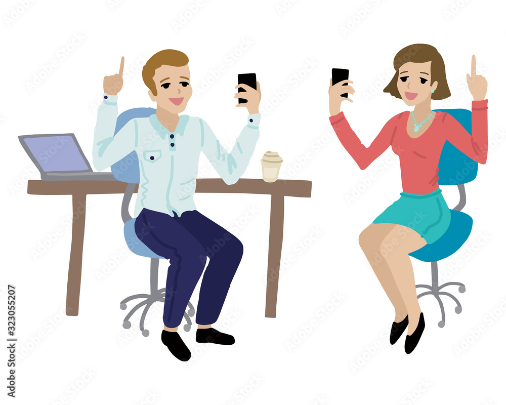 Man and woman communicate via video chat. Vector illustration