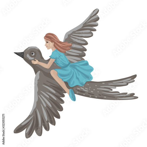 Little inch girl flying on swallow isolated on white. Vector illustration
