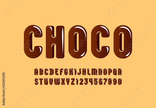 Chocolate glossy font, brown alphabet in the cartoon style, tasty rounded letters from A to Z and numbers from 0 to 9 for you designs: logo, t shirt, card, poster, vector illustration 10EPS