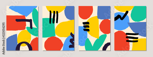 A set of abstract templates with colorful  shapes on cream background.