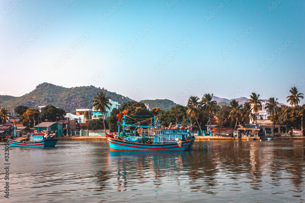 Fishing boats on the background of palm trees and buildings