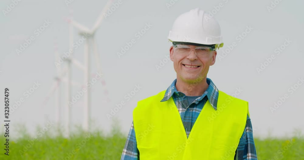 Technology successful engineer against windmills Technology successful engineer against windmills