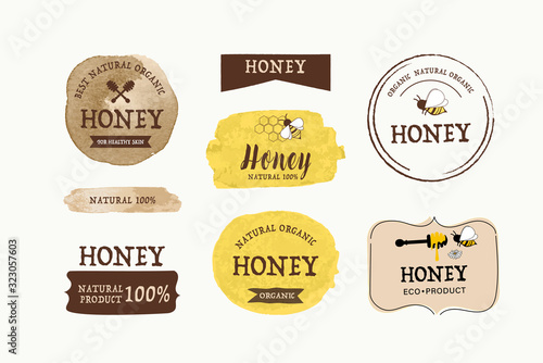 Honey bee blots stain label and banner. Logo element organic natural product design. Artistic circle brushes with watercolor texture.