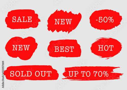 Red Blots stains of new tag label. Sale price promotion discount sticker banner watercolor paint hand drawn style.