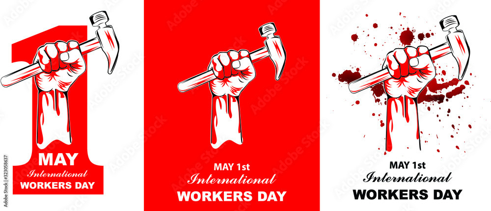 May first International Workers Day. International Workers Day with,  holding hammer, blood splash, creative Vector illustration on red and white  background. Stock Vector | Adobe Stock