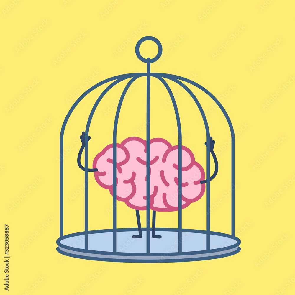 Brain locked in cage. Vector concept illustration of captive and imprisoned mind | flat design linear infographic icon on yellow background