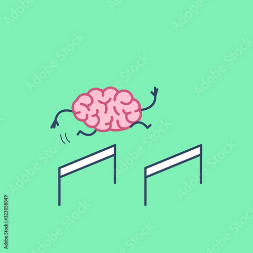 Brain hurdler. Vector concept illustration of brain jumping over the obstacles | flat design linear infographic icon on green background