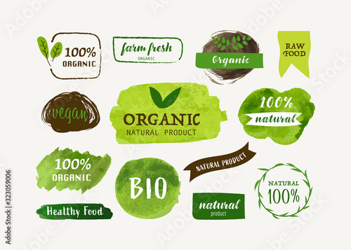 Organic label and natural green label handdrawn brush stain. Tag and Sticker Farm fresh logo vegan food mark.