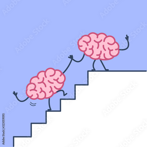 Brain helping hand to success. Vector concept illustration of two brains cooperation on stairs to goal | flat design linear infographic icon on violet background
