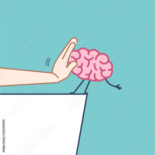 Pushing brain out of the cliff with hand. Vector concept illustration of mind manipulation | flat design linear infographic icon on violet background