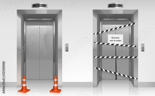 Out of order elevator with closed broken door, warning stripes and traffic cones in office or house hallway. Vector realistic illustration of modern lobby with not working lift