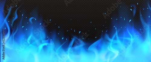 Realistic blue fire border, burning flame with sparkles isolated on dark black background. Bonfire blaze glowing effect, shining magic flare frame design element 3d vector illustration, clip art