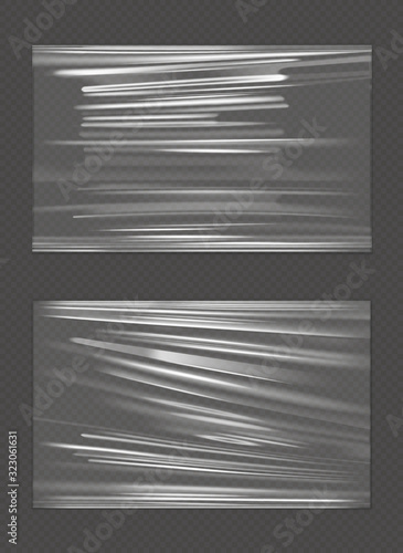 Stretched cellophane banner, realistic crumpled or folded texture vector illustration. Clear transparent polyethylene top of plastic container, tape or elastic wrapping paper for food or snacks bag