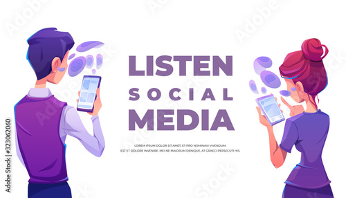 People listen social media using smartphone. Man and woman hold cell phones with internet messenger or network interface back rear view. Users with gadgets, mobile devices app, cartoon vector banner