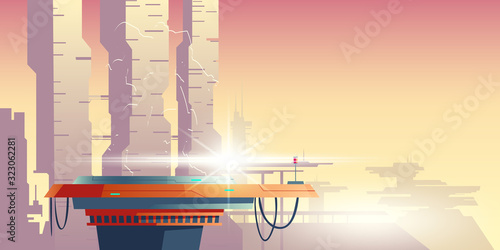 Silhouette of transformer on extendable platform in futuristic city. Vector cartoon illustration of fantastic landscape of cyberpunk town with skyscrapers and transformation robot guard character