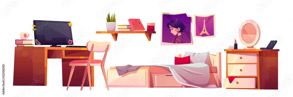 Girl bedroom interior set isolated on white background. Vector cartoon  furniture for teenager room, unmade bed, workspace for study with desk and  computer, bookshelf, pictures and nightstand Stock Vector | Adobe Stock