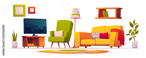 Living room interior set with sofa, armchair, bookshelves and tv. Vector cartoon collection of furniture for house, carpet, floor lamp and spring plants isolated on white background