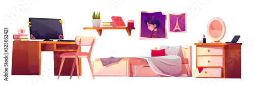 Girl bedroom interior set isolated on white background. Vector cartoon furniture for teenager room, unmade bed, workspace for study with desk and computer, bookshelf, pictures and nightstand