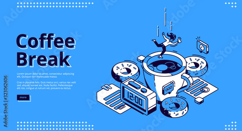 Coffee break isometric landing page. Girl falling to huge cup with hot beverage, donuts and alarm clock with 12 a.m time on dial. Business person breakfast, 3d vector illustration, line art web banner