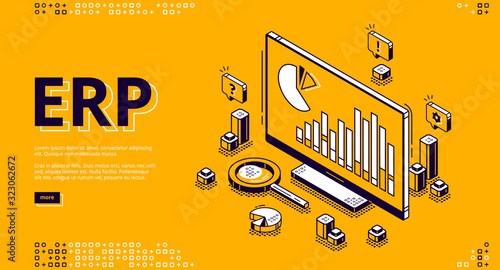ERP, enterprise resource planning isometric landing page. Productivity and improvement system, data analysis charts on pc monitor, business integration 3d vector illustration, web banner, line art