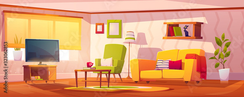 Spring interior of living room with sofa, armchair, bookshelves and tv. Vector cartoon illustration of lounge with coffee table, carpet, floor lamp and house plants
