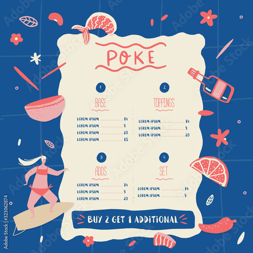 Poke bowl restaurant menu design. Colorful cartoon cafe template, healthy hawaiian nutrition, fish banner with girl on surf
