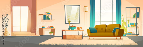 Living room interior with sofa, bookshelves and plants. Vector cartoon illustration of modern lounge with big window, blue curtains, carpet and picture on wall