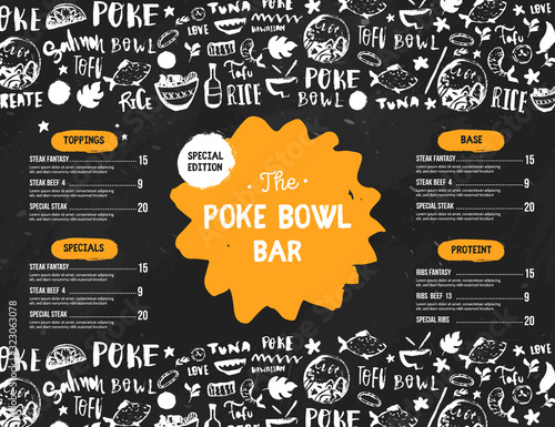 Poke bowl restaurant menu design. Colorful grunge cafe template, healthy hawaiian nutrition, fish banner